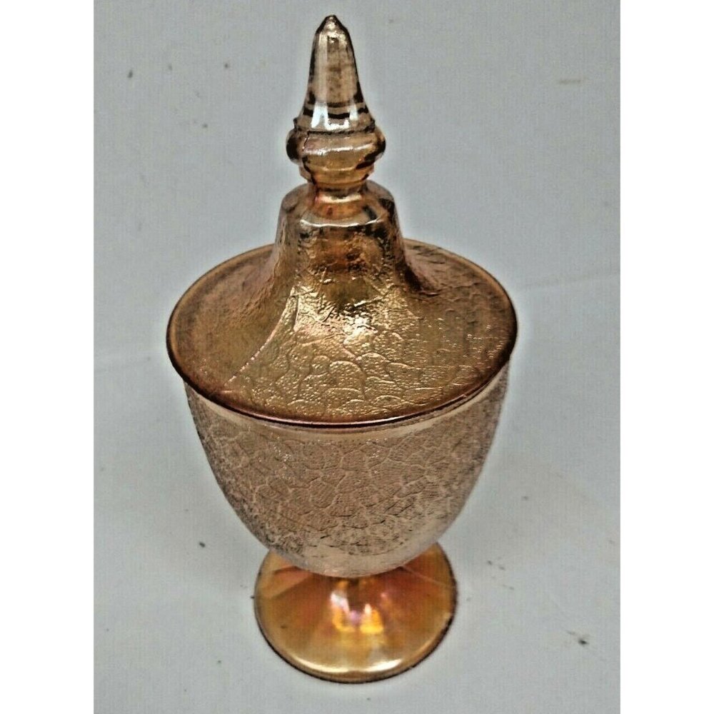 Jeannette Marigold Crackle Textured Candy Compote Jar - Lidded 1930's